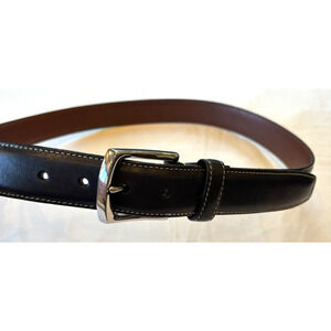 Mens dress Torino belt, size 38 Black w/ white stitching, pol nickle buckle ,